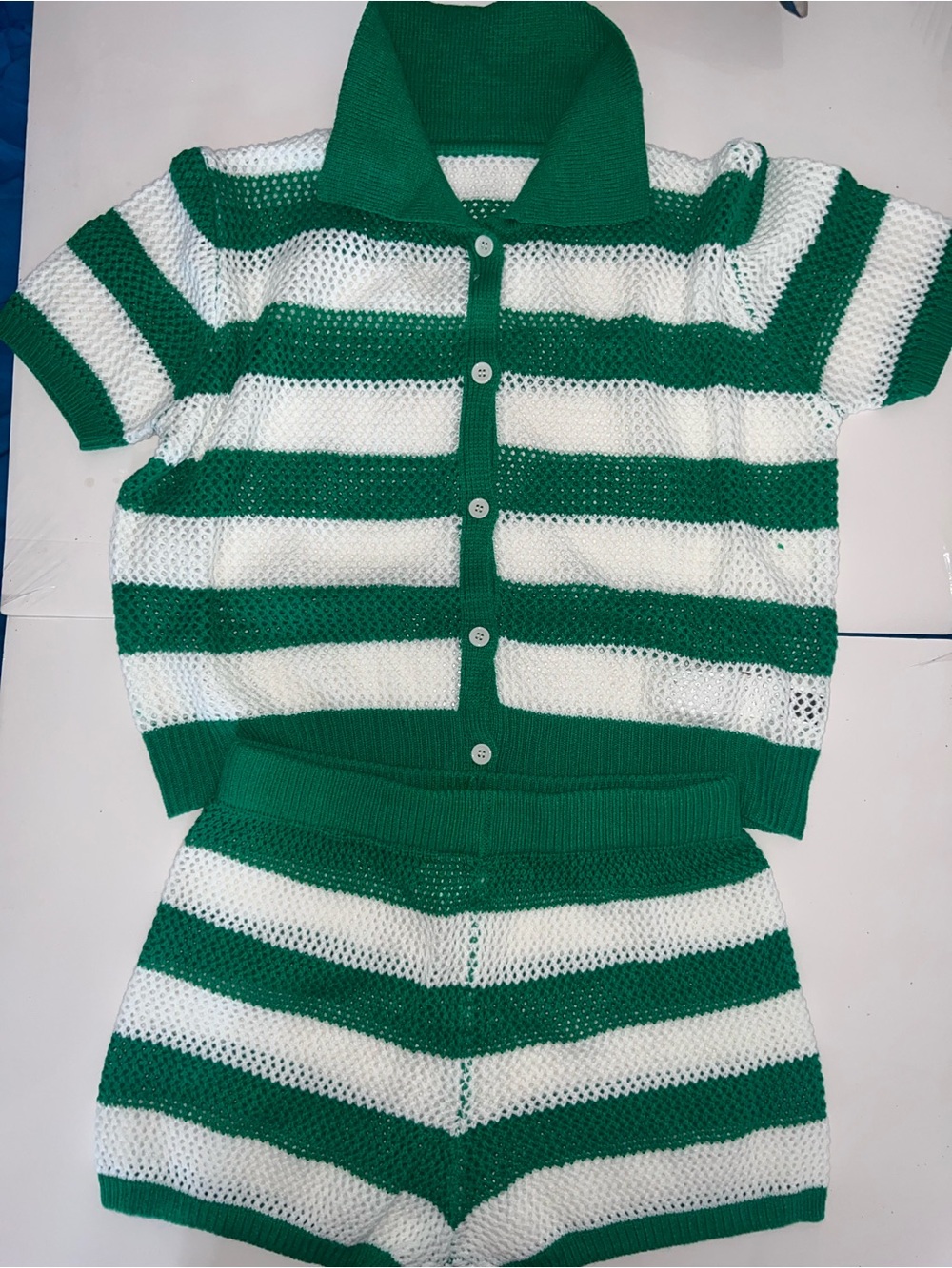 SHEIN BamGlam 2pcs Women Green And White Striped Cardigan Sweater & Shorts .